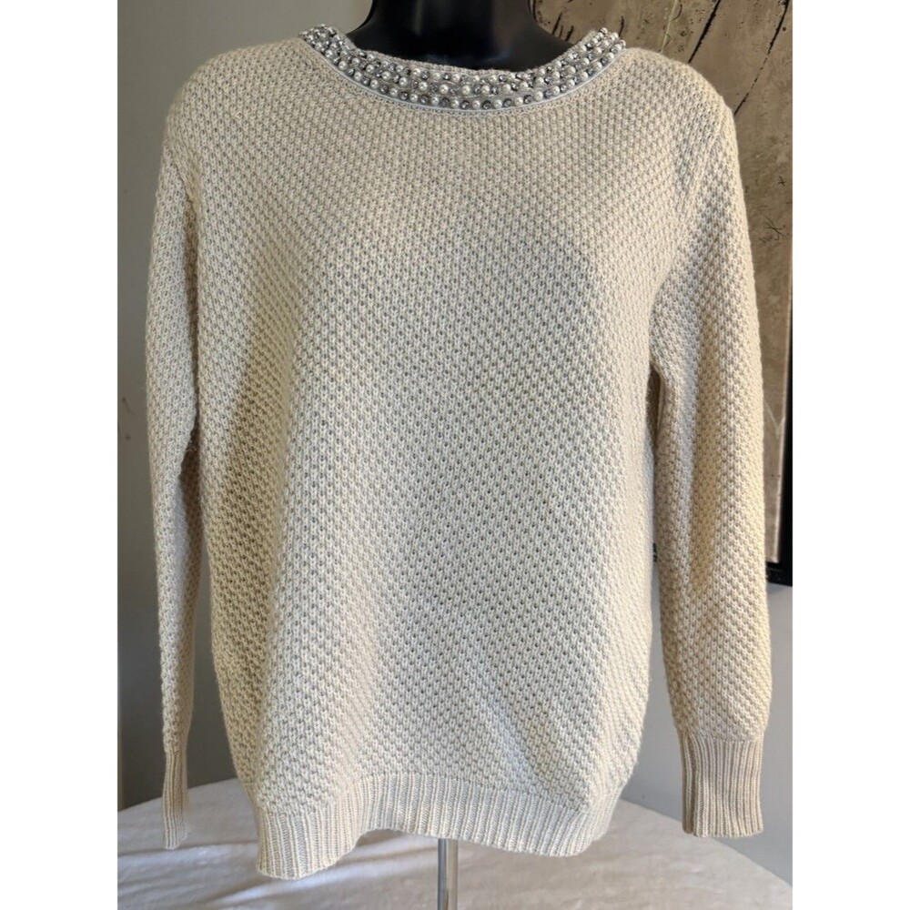 Mia Maddison Sweater - Beige Jeweled Neckline Open Back. Small/Petite